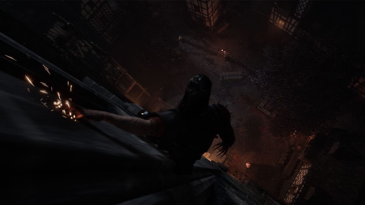 Sparks fly as Coen uses his claws to slide down a castle wall.