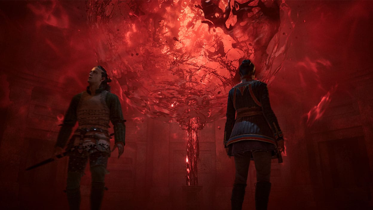 Two characters standing in a chamber filled with a glowing red energy.