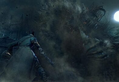 Official Bloodborne artwork showing a Hunter in the gothic city of Yharnam