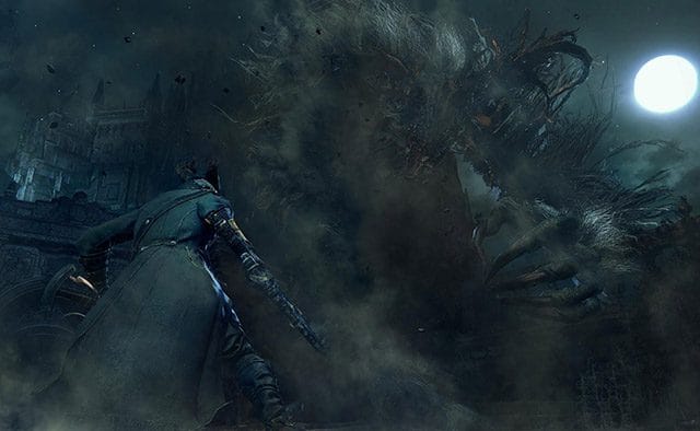 Official Bloodborne artwork showing a Hunter in the gothic city of Yharnam