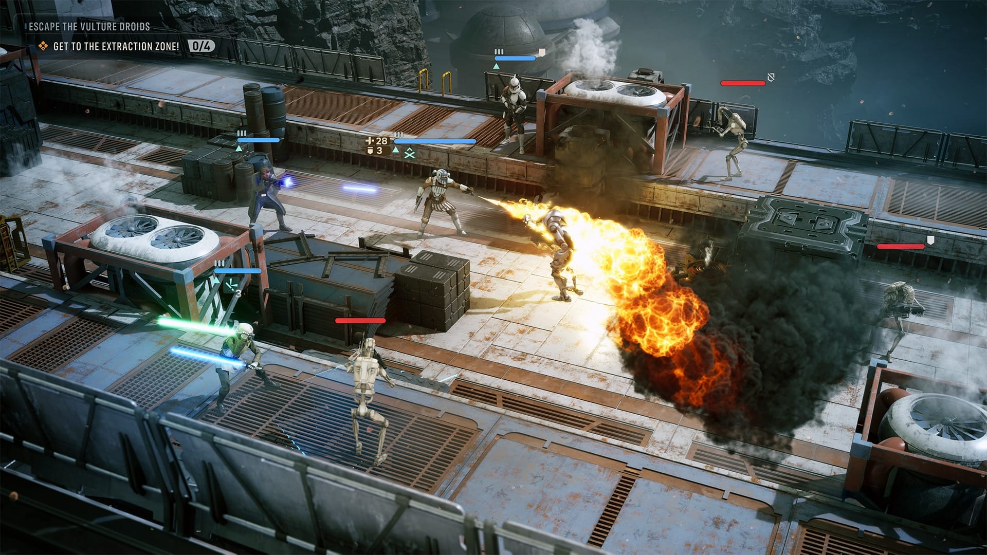 Squad battles battle droids on an industrial platform in Star Wars Zero Company