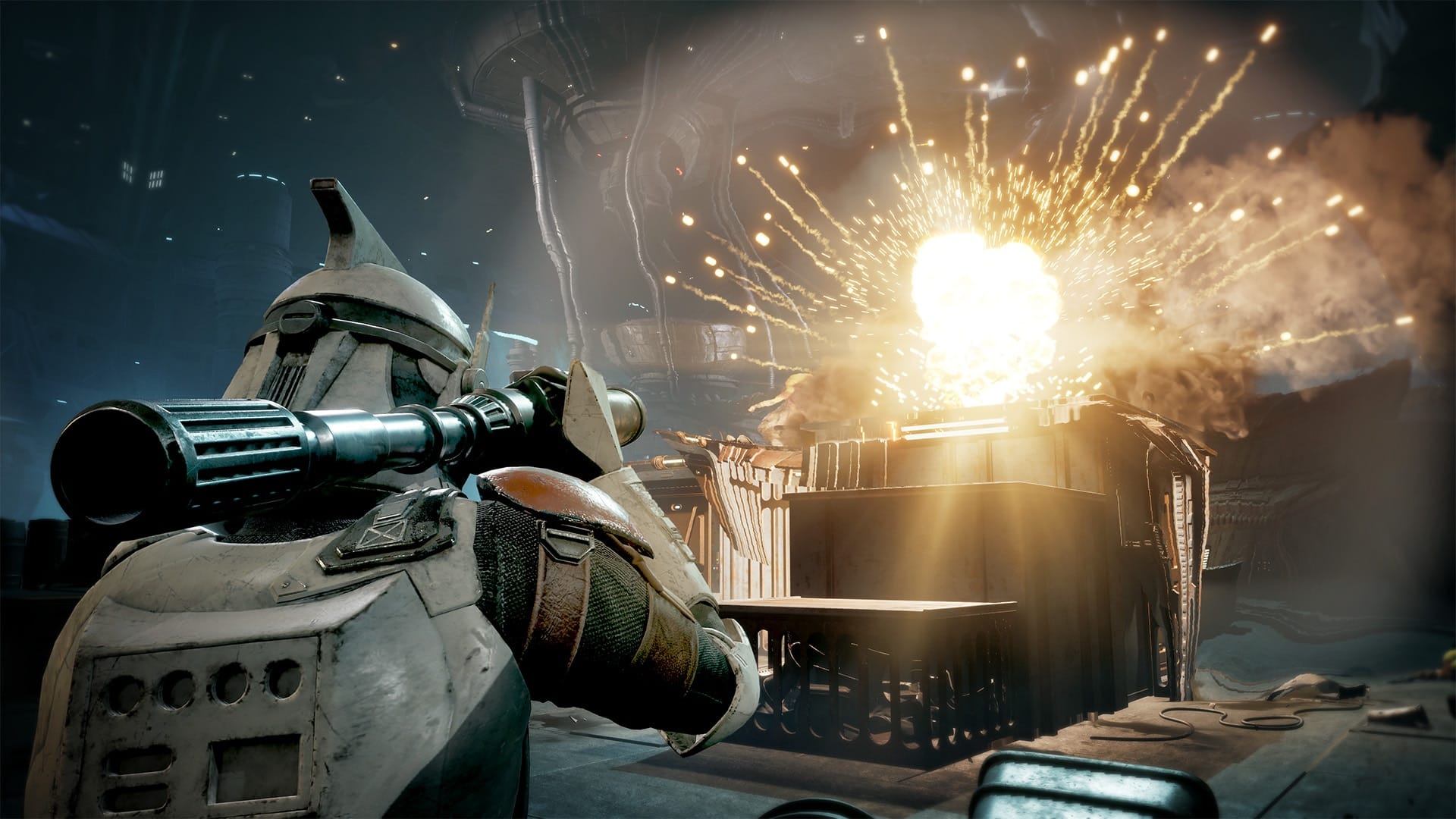 A clone trooper fires a rocket launcher during a tactical mission in Star Wars Zero Company
