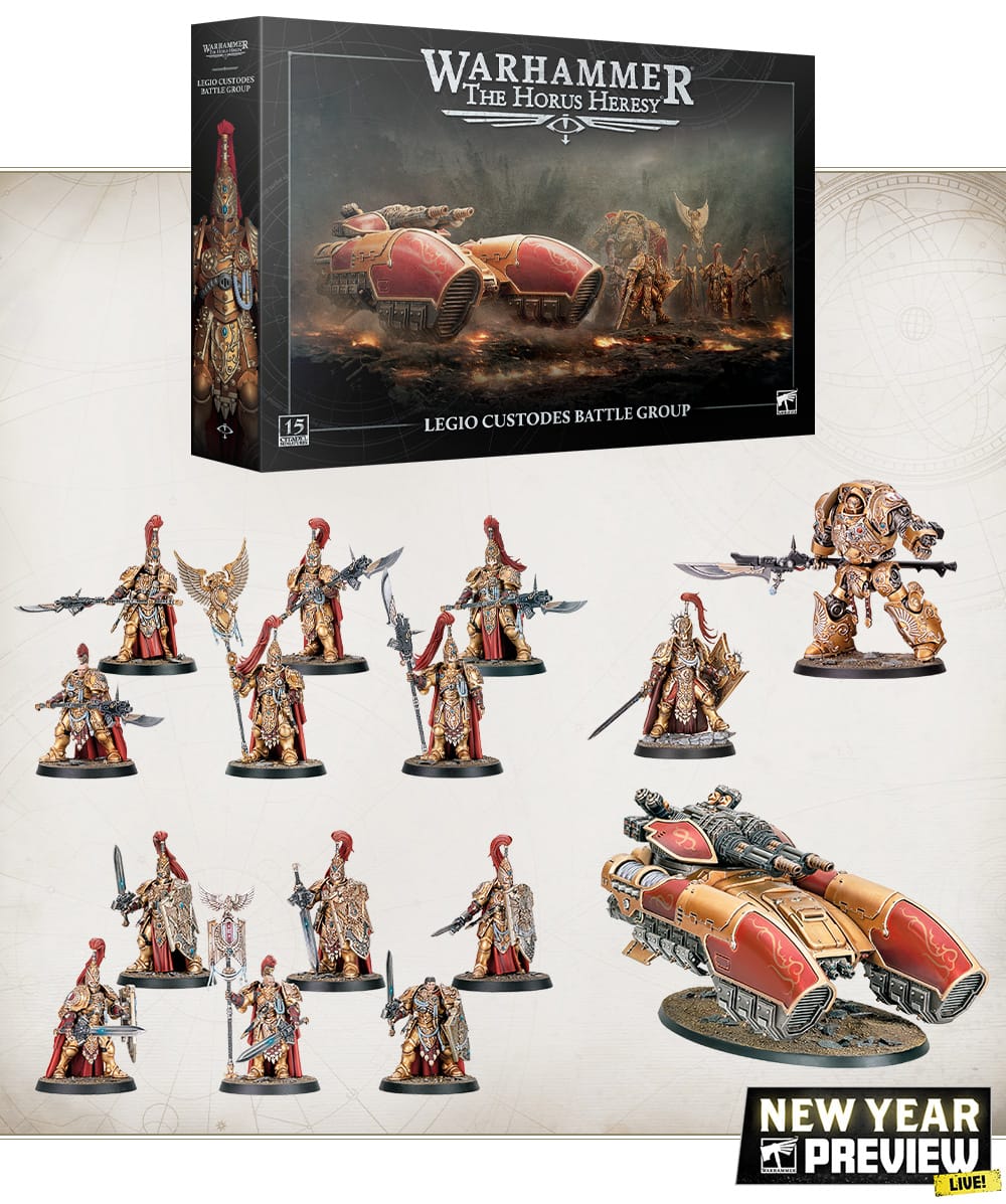 Adeptus Custodes miniatures in golden armor, the Emperor of Mankind personal bodyguard, official Games Workshop box art