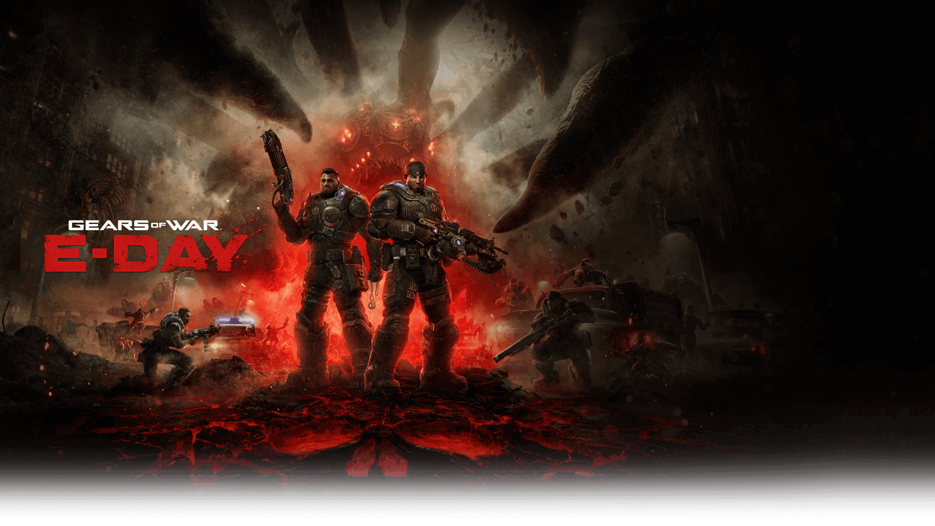 Official key art for Gears of War: E-Day showing Marcus Fenix and Dominic Santiago on Emergence Day
