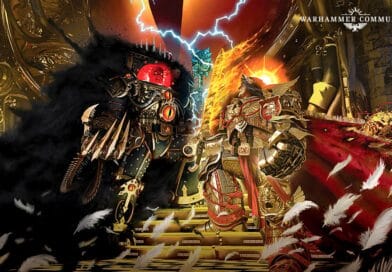 The Emperor of Mankind in golden armor with a psychic halo and flaming sword, official Warhammer 40000 artwork