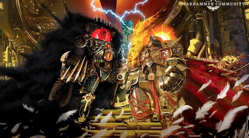 The Emperor of Mankind in golden armor with a psychic halo and flaming sword, official Warhammer 40000 artwork
