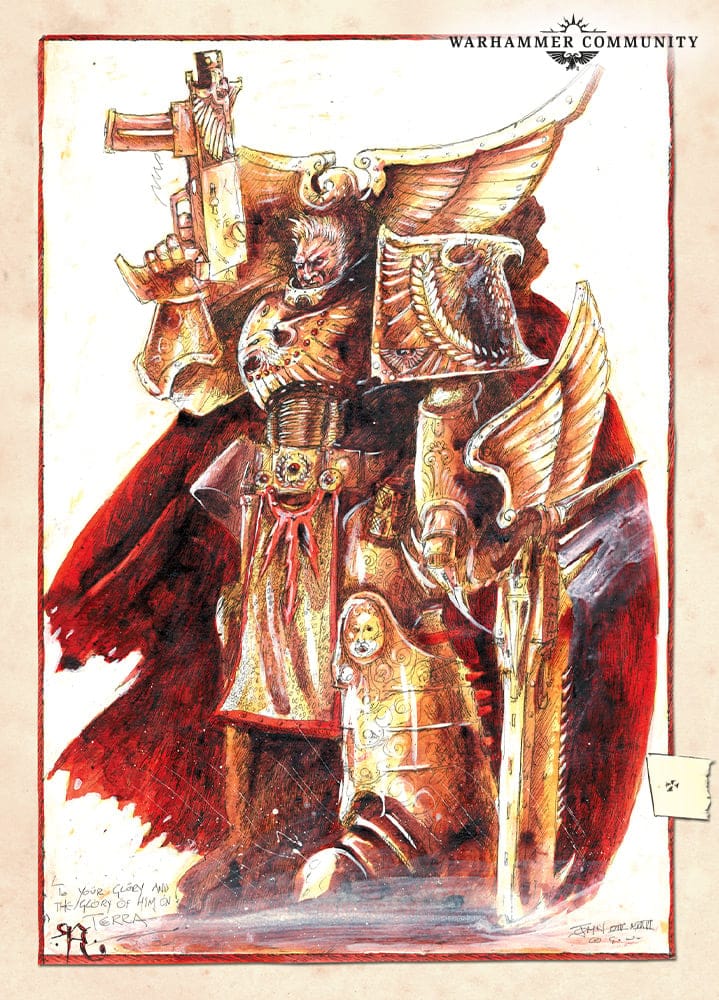 Primarch Rogal Dorn of the Imperial Fists in golden armor, official Warhammer 40000 artwork