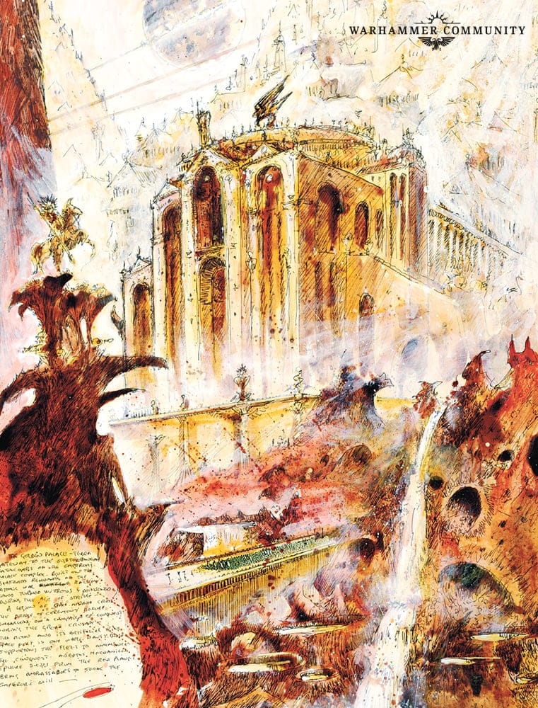 The towering Imperial Palace on Terra, seat of the Emperor of Mankind, official Warhammer 40000 artwork
