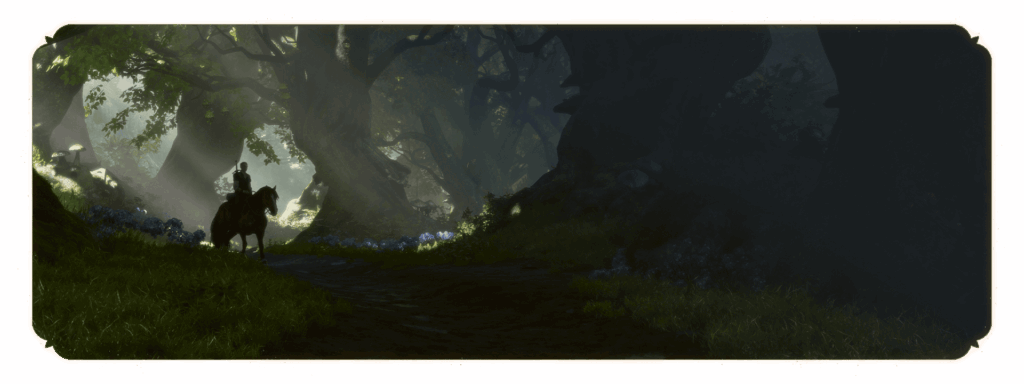 A lone rider on horseback traveling through a forest in Fable