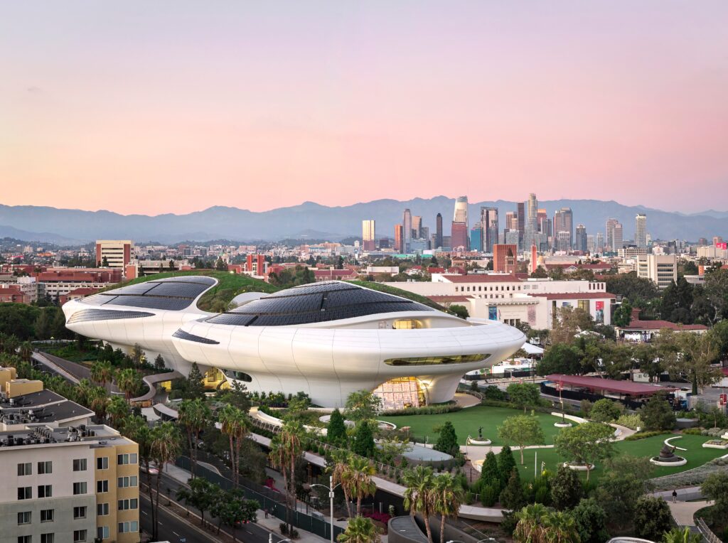 Exterior view of the curved, sculptural Lucas Museum of Narrative Art building in Los Angeles