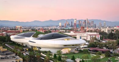 Exterior view of the curved, sculptural Lucas Museum of Narrative Art building in Los Angeles
