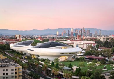 Exterior view of the curved, sculptural Lucas Museum of Narrative Art building in Los Angeles