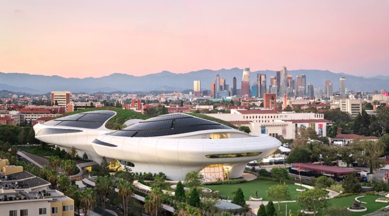 Exterior view of the curved, sculptural Lucas Museum of Narrative Art building in Los Angeles
