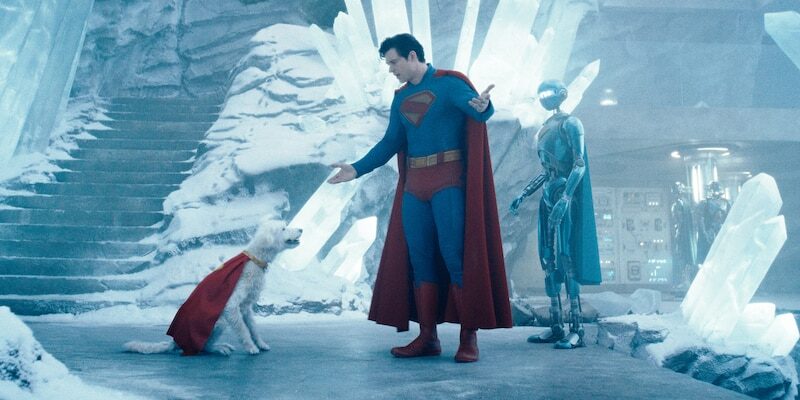 Superman standing with Krypto in the Fortress of Solitude from James Gunn's Superman, used in DC's Man of Tomorrow announcement