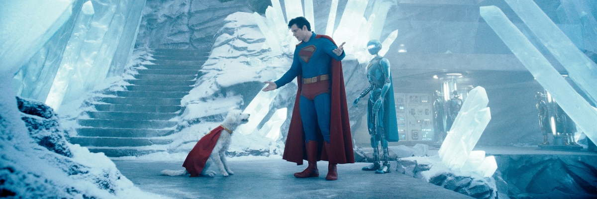 Superman standing with Krypto in the Fortress of Solitude from James Gunn's Superman, used in DC's Man of Tomorrow announcement