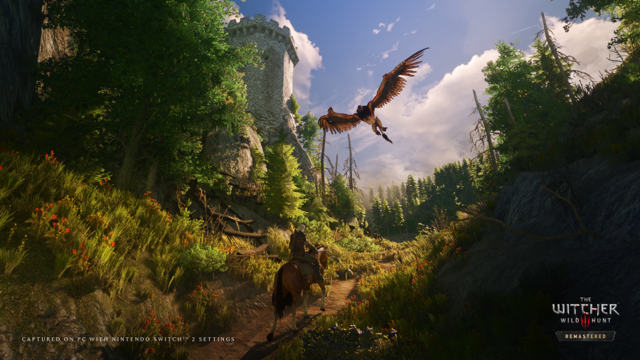 A griffon flies near a watchtower in The Witcher 3: Wild Hunt Remastered