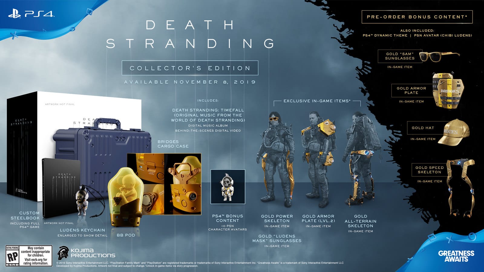 Death Stranding Collector's Edition official box with pod-shaped case and Sam Bridges figure, PlayStation press photo