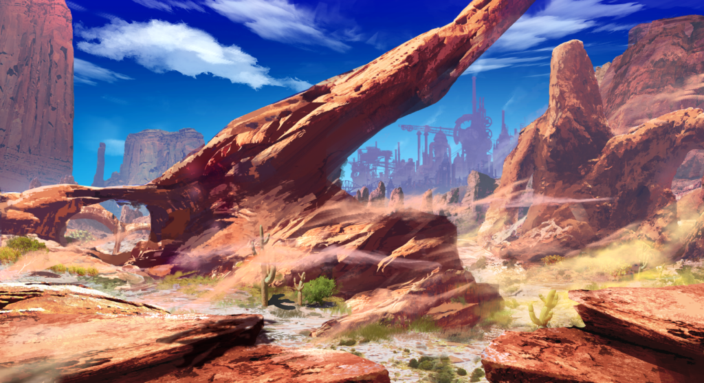 Concept background art for Armed Fantasia showing its Westernpunk-inspired world