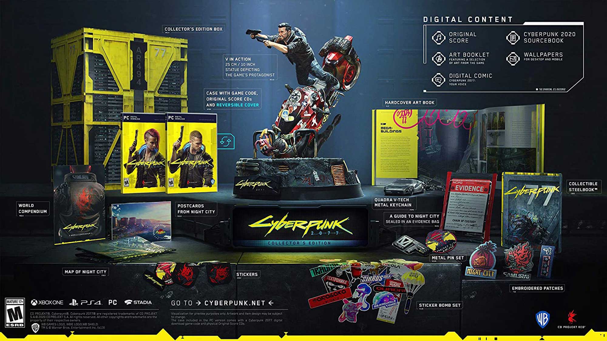 Cyberpunk 2077 Collector's Edition official box contents with V statue and SteelBook, CD Projekt RED press photo