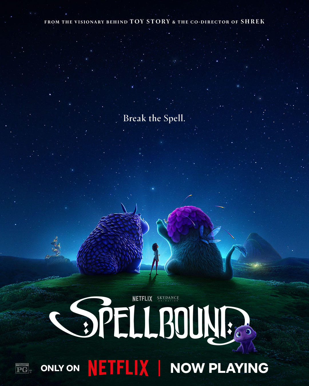 Official poster for Spellbound showing a girl standing between two large fluffy monster characters under a starry sky