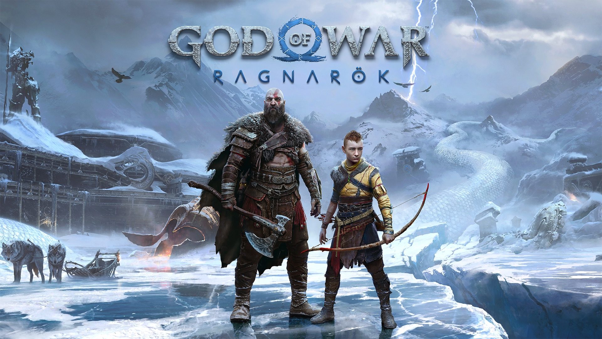 Official PlayStation key art for God of War Ragnarok showing Kratos and an older Atreus