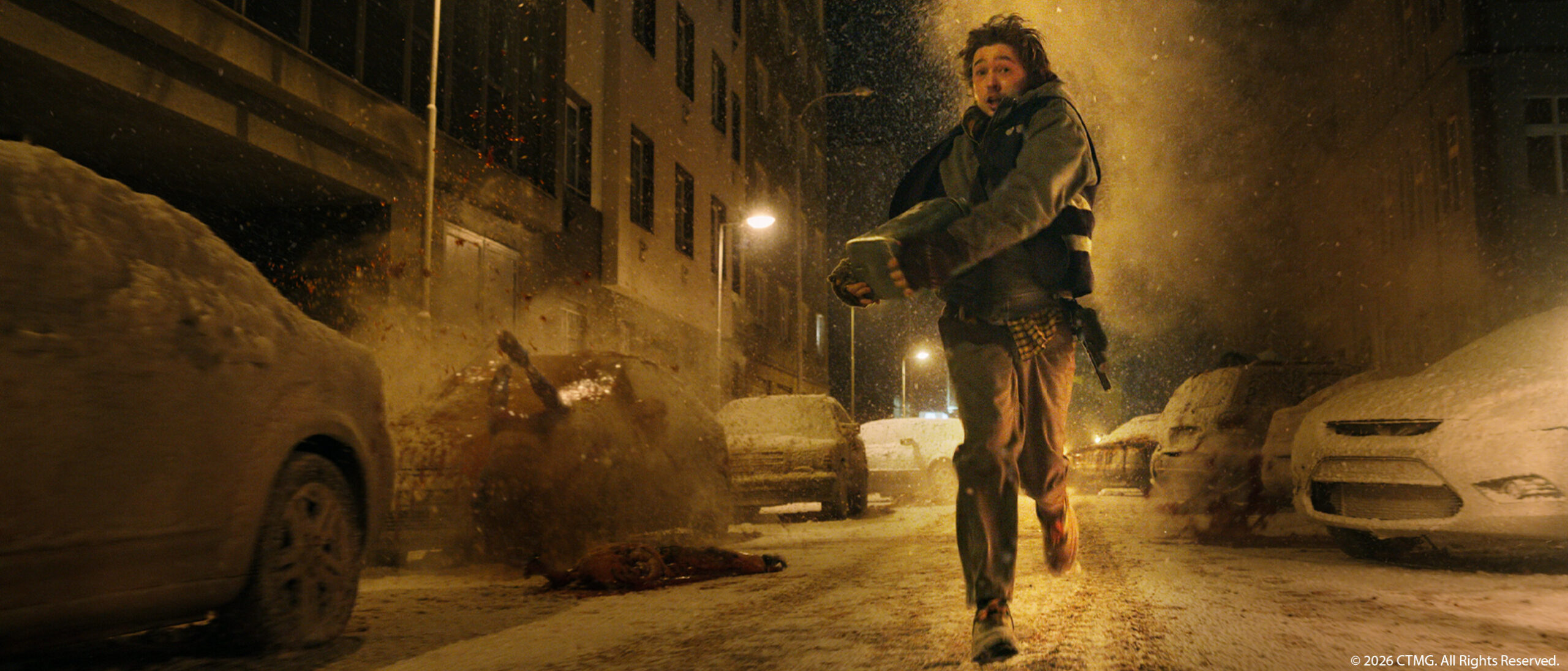 Widescreen hero banner for the 2026 Resident Evil movie showing the Raccoon City outbreak
