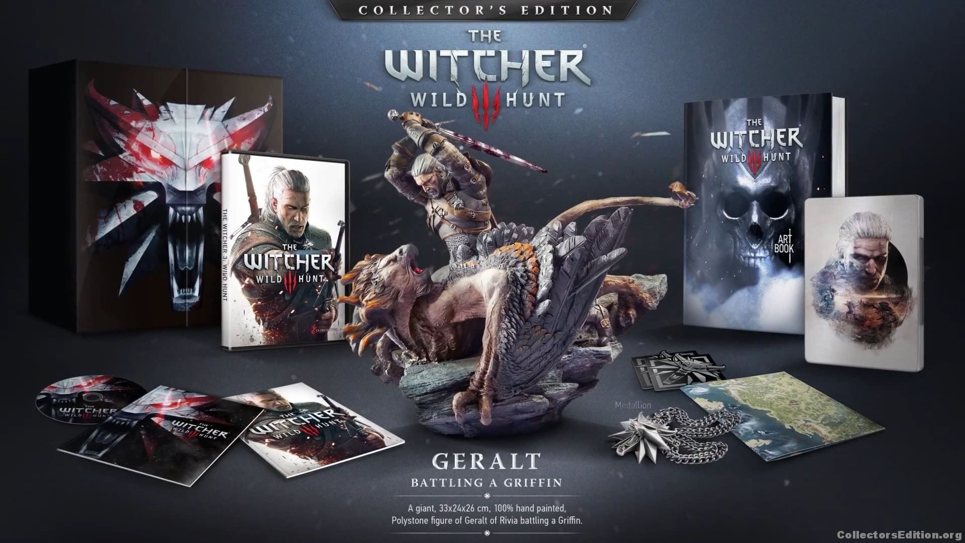 The Witcher 3 Wild Hunt Collector's Edition official box contents with Geralt of Rivia statue, CD Projekt RED press photo