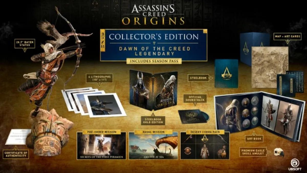 Assassin's Creed Origins Dawn of the Creed Collector's Edition official contents with Bayek and Senu statue, Ubisoft press photo