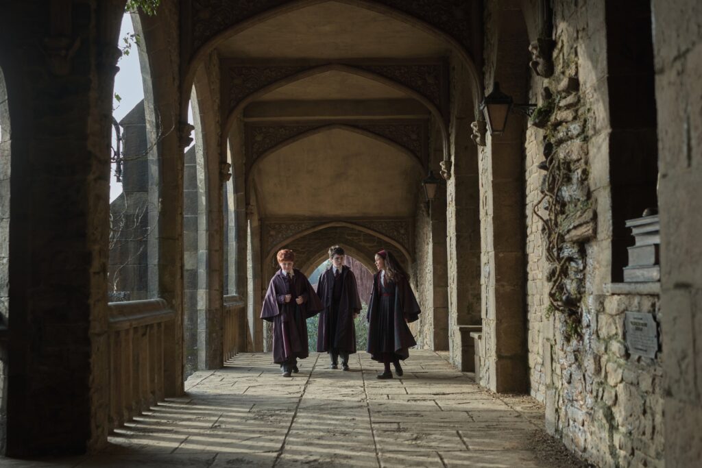 Dominic McLaughlin, Alastair Stout, and Arabella Stanton as Harry, Ron, and Hermione in HBO's Harry Potter series