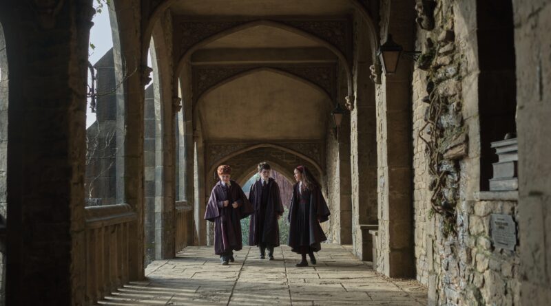 Dominic McLaughlin, Alastair Stout, and Arabella Stanton as Harry, Ron, and Hermione in HBO's Harry Potter series