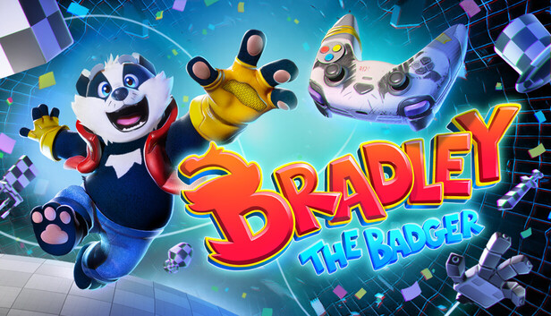 Key art for Bradley the Badger showing the titular badger leaping alongside a game controller
