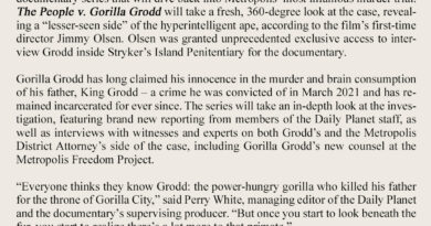 Cast of HBO Max's The People v. Gorilla Grodd posing in a Daily Planet newsroom set