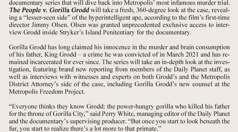 Cast of HBO Max's The People v. Gorilla Grodd posing in a Daily Planet newsroom set