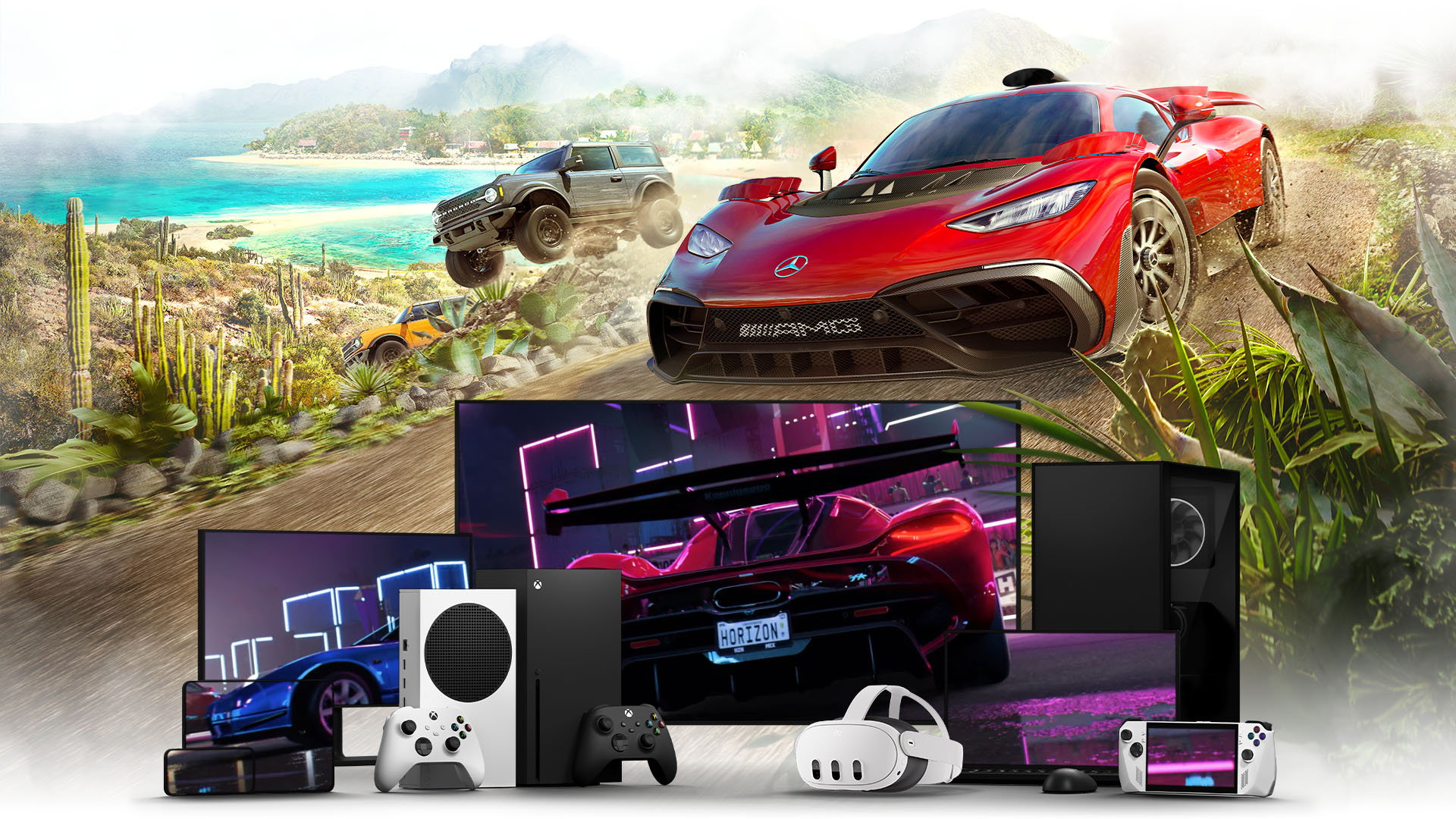 Multiple screens showing Forza Horizon 5 surrounded by devices including Xbox consoles, PCs, handheld gaming devices, and a VR headset