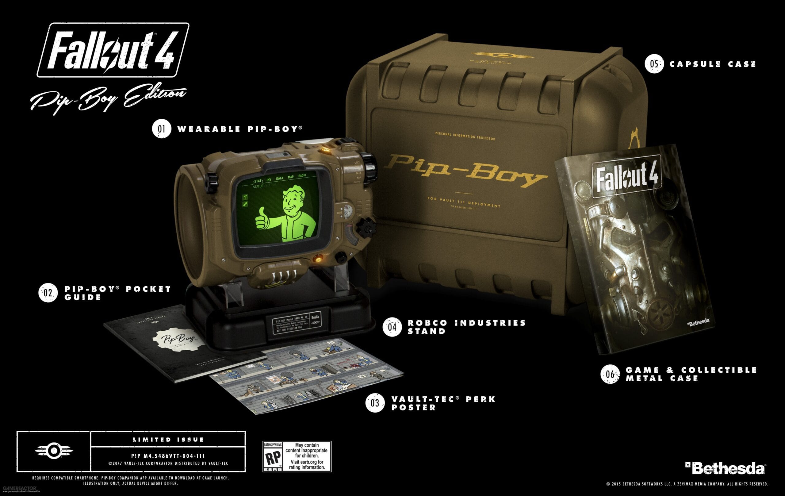 Fallout 4 Pip-Boy Edition official box art with wrist-mounted Pip-Boy replica, Bethesda press photo