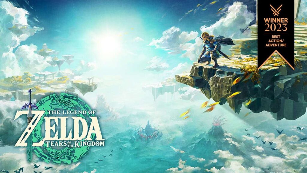 Key art for The Legend of Zelda: Tears of the Kingdom showing Link overlooking a warped Hyrule sky