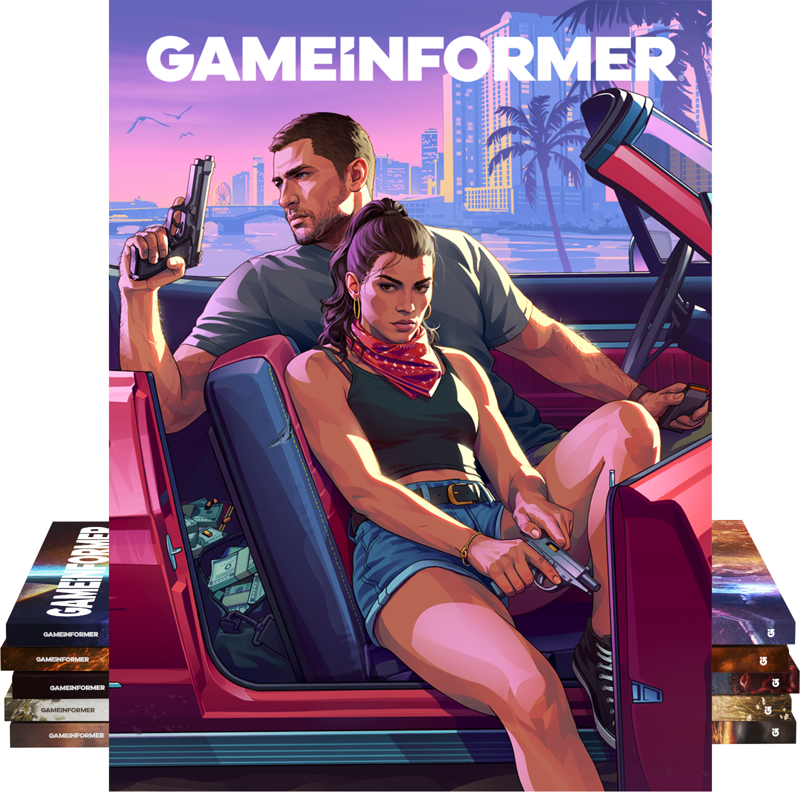 Game Informer Issue 382 magazine cover featuring Grand Theft Auto VI, shown alongside a stack of past issues