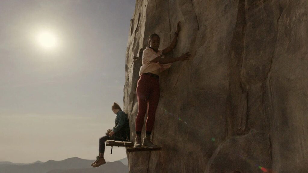 A tense moment partway up Mount Kwan in Fall 2: Deadpoint