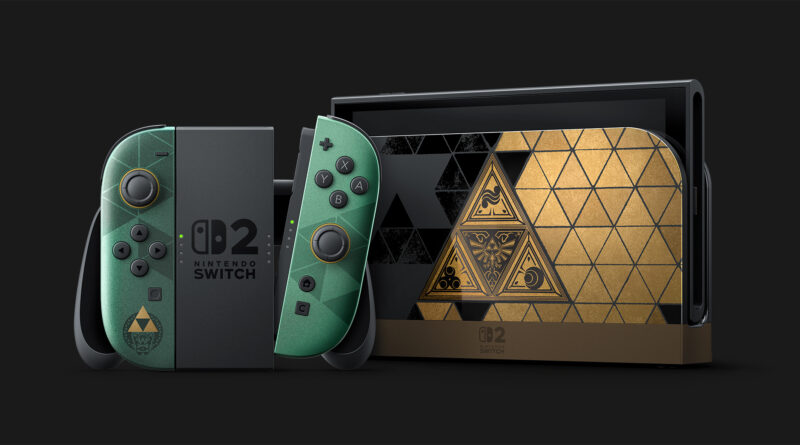 Official photo of the Nintendo Switch 2 Legend of Zelda 40th Anniversary Edition console, Joy-Con 2 controllers, and dock