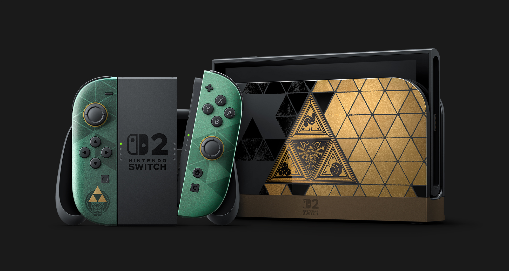 Official photo of the Nintendo Switch 2 Legend of Zelda 40th Anniversary Edition console, Joy-Con 2 controllers, and dock