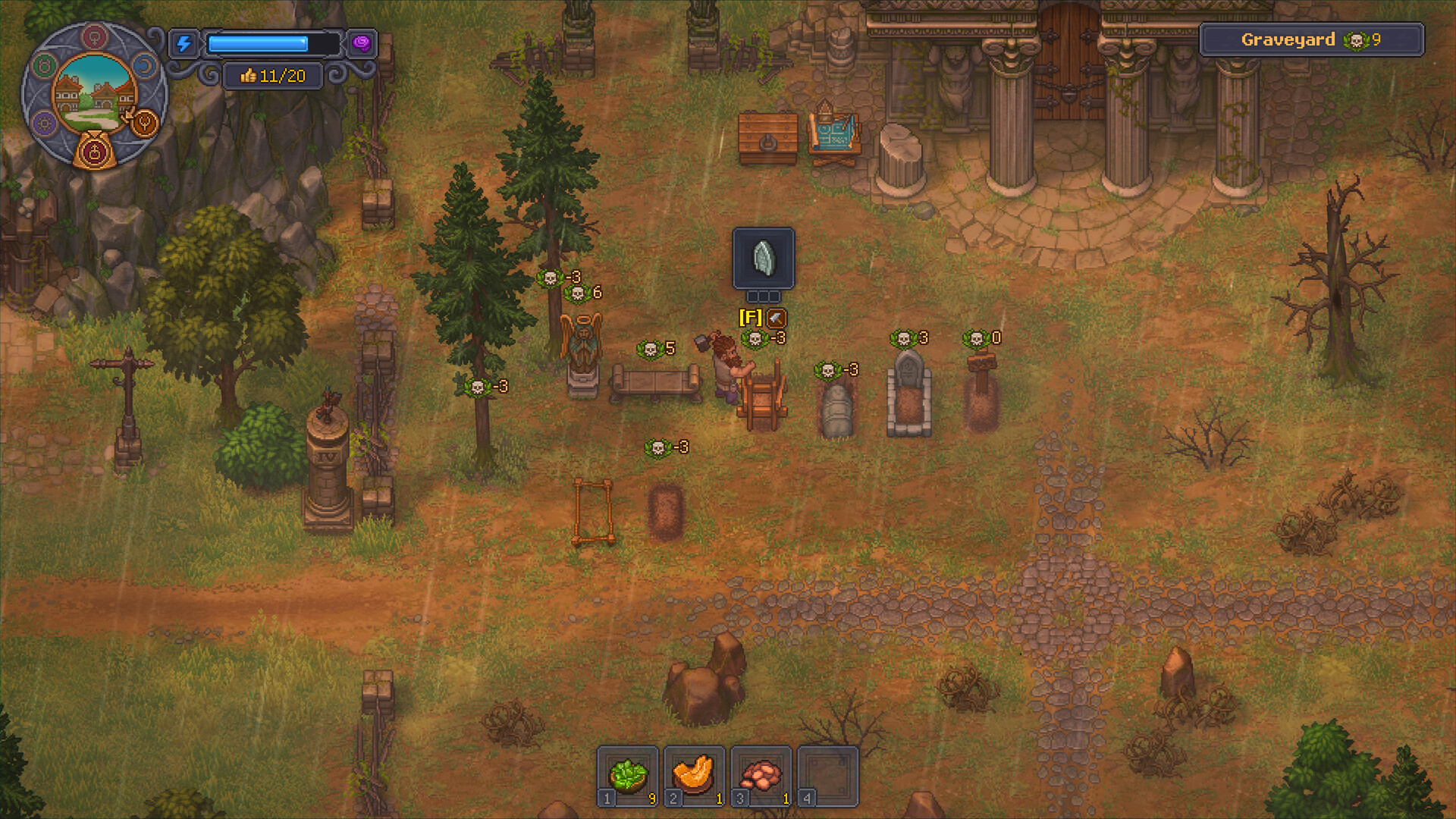 Gameplay screenshot from Graveyard Keeper 2 showing the expanded town and zombie combat