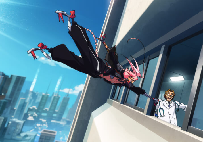Official still from Cyberpunk: Edgerunners 2 showing a character falling between Night City skyscrapers