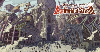 Key art for Professor Layton and the New World of Steam showing the steam-powered city of Steam Bison