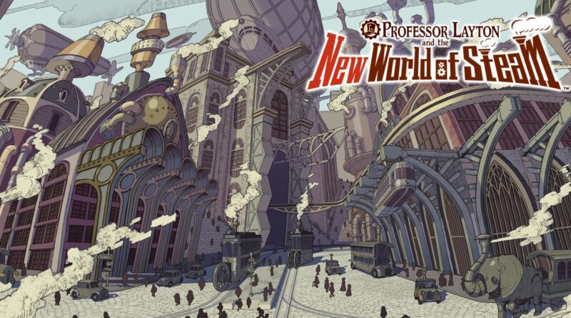 Key art for Professor Layton and the New World of Steam showing the steam-powered city of Steam Bison