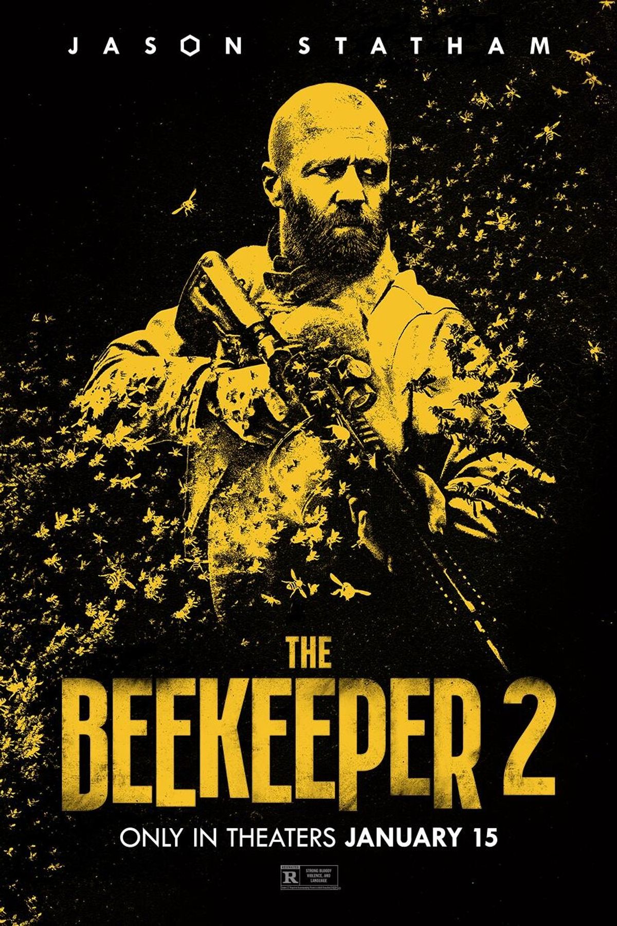 Official poster for The Beekeeper 2 showing Jason Statham surrounded by swarming bees