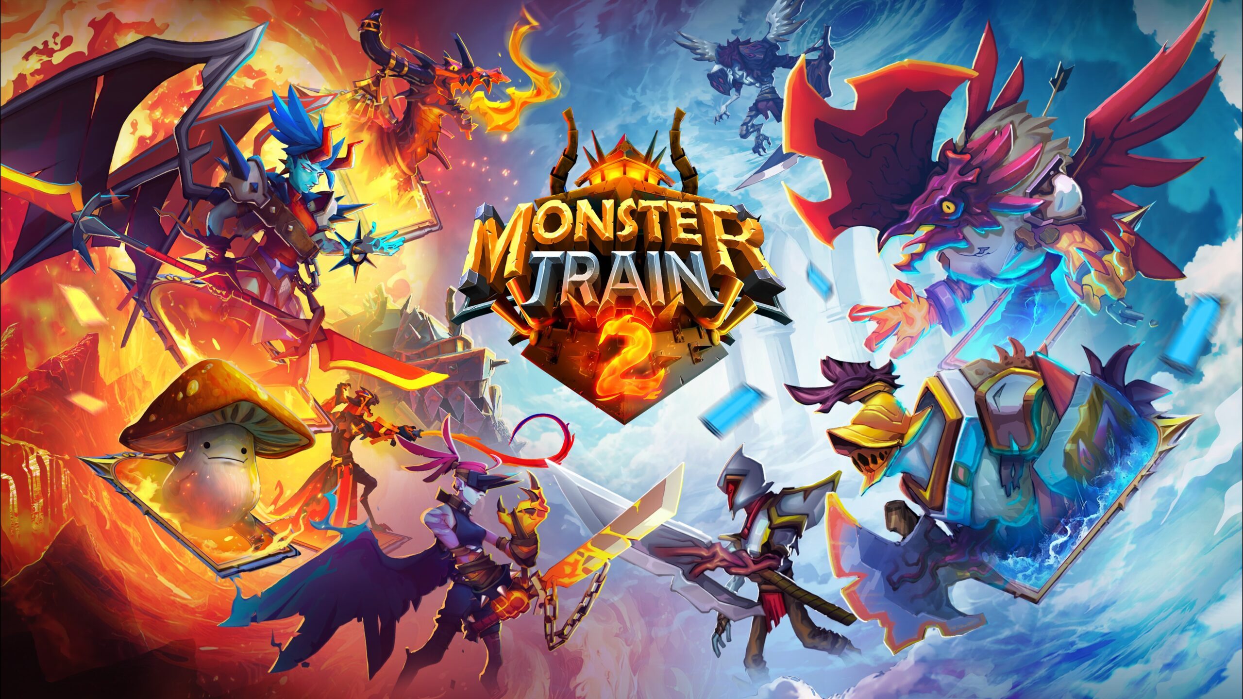 Key art for Monster Train 2, showing rival clans of angels and demons facing off across a fiery and icy battlefield