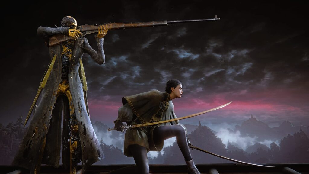Promotional artwork from The Duskbloods showing two armed characters standing on a rooftop under a blood-red sky