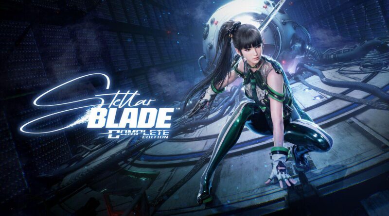 Key art for Stellar Blade Complete Edition showing EVE crouching in a futuristic facility