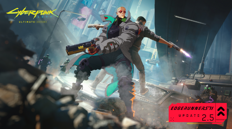 Cyberpunk 2077 Edgerunners 2 Update 2.5 key art showing V dual-wielding pistols in Night City