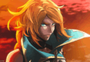 Rose Belmont, the protagonist of Castlevania: Belmont's Curse, against a red sky